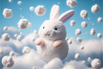 Fototapeta na wymiar Cute smiling white snow bunny flying in the sky surrounded by puffy clouds. Digital Art Illustration.
