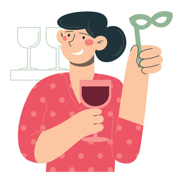 Smiling woman celebrating with a glass of wine and mask. Flat vector minimalist illustrations of free time spending and hobbies