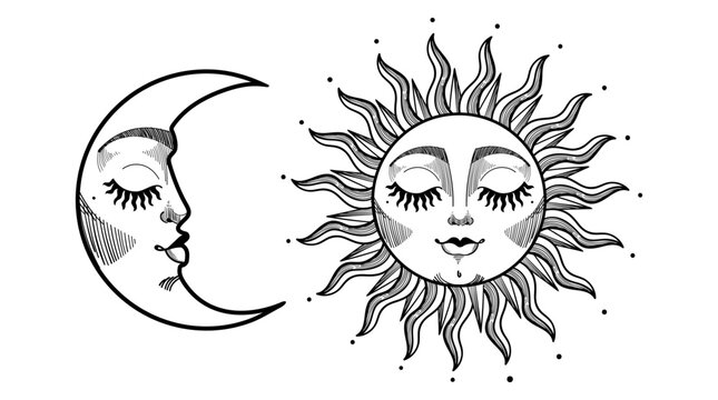 Beautiful sun and moon crescent with face, vintage boho tattoo, mystical symbols of astrology, zodiac, esotericism. Vector line art illustration isolated on white background.