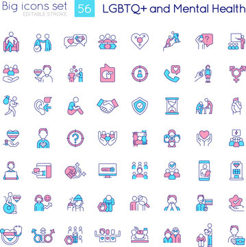 LGBTQ and mental health RGB color icons set. Inclusion and support programs. Freedom to be yourself. Isolated vector illustrations. Simple filled line drawings collection. Editable stroke