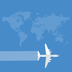 Passenger airplane flight with a world map background. Vector illustration 	