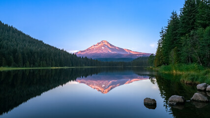 Mount Hood reflected in Trillium Lake at sunset in Oregon's Mt Hood National Forest