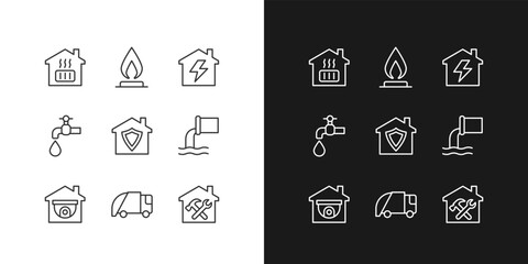 Infrastructures pixel perfect linear icons set for dark, light mode. Water, electricity supply. Waste collection. Thin line symbols for night, day theme. Isolated illustrations. Editable stroke