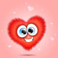 Funny cute heart fluffy with crossed eyes and wide smile on light red background