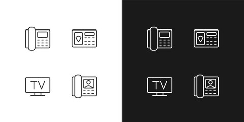 Home appliances pixel perfect linear icons set for dark, light mode. Security system. TV broadcasting. Door phone. Thin line symbols for night, day theme. Isolated illustrations. Editable stroke