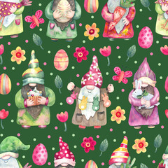 Watercolor Easter seamless pattern with funny gnomes on green. Daisy, tulips flowers, butterflies and colorful eggs. Great for fabrics, wrapping papers, covers. Spring design.