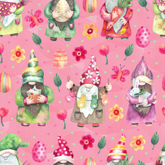 Watercolor Easter seamless pattern with funny gnomes on pink. Daisy, tulips flowers, butterflies and colorful eggs. Great for fabrics, wrapping papers, covers. Spring design.