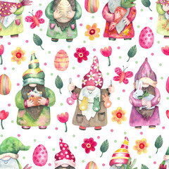 Watercolor Easter seamless pattern with funny gnomes on white. Daisy, tulips flowers, butterflies and colorful eggs. Great for fabrics, wrapping papers, covers. Spring design.