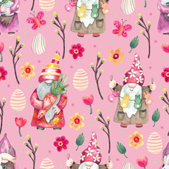 Watercolor Easter seamless pattern with funny gnomes on pink. Willow branches, daisy, tulips flowers, butterflies and colorful eggs. Great for fabrics, wrapping papers, covers. Spring design.