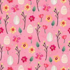 Watercolor spring seamless pattern on pink background. Willow branches, daisy, tulips flowers, butterflies and colorful eggs. Great for fabrics, wrapping papers, covers. Easter design.