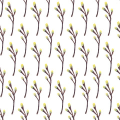 Watercolor seamless pattern with spring willow branches on white background. Beautiful textile print. Great for fabrics, wrapping papers, wallpapers, covers, linens. Easter design.
