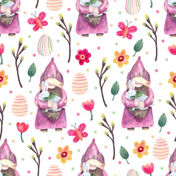 Watercolor seamless pattern with funny gnomes with bunnies on white. Willow branches, daisy, tulips flowers, butterflies and colorful eggs. Great for fabrics, wrapping papers, covers. Easter design.