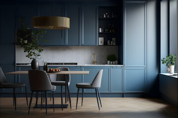 A modern Kitchen, in a minimalist millenium crib, high ceiling and filled with warm blue and khaki colour as the wall blend in with the design of the furniture