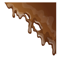 Chocolate splash, creamy brown corner drip in cartoon style isolated on white background. Smooth wave of flowing melted chocolate, cocoa or chocolate dessert.
