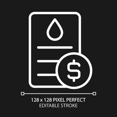 Water bill pixel perfect white linear icon for dark theme. Public utility service payment. Debt for utilities usage. Thin line illustration. Isolated symbol for night mode. Editable stroke