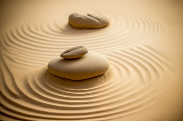 Fototapeta na wymiar zen garden meditation stone and sand background with copy space for text or image. Generative AI