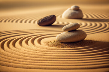 zen garden meditation stone and sand background with copy space for text or image. Generative AI