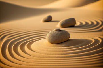Fototapeta na wymiar zen garden meditation stone and sand background with copy space for text or image. Generative AI