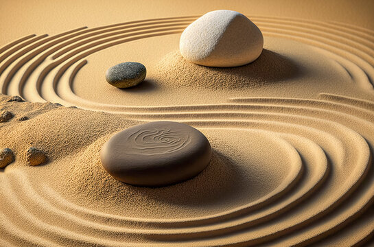 zen garden meditation stone and sand background with copy space for text or image. Generative AI