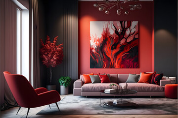 a modern living room in a minimalist millenium crib, high ceiling and filled with vibrant red-orange called Raspberry Blush as the wall blend in with the design of the furniture.