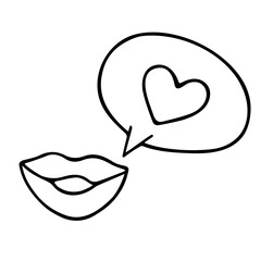 Lips with speech bubble, hand-drawn doodle romantic element. Love feelings,festive design Valentine's Day, drawing by ink, pen,marker.Isolated.Vector
