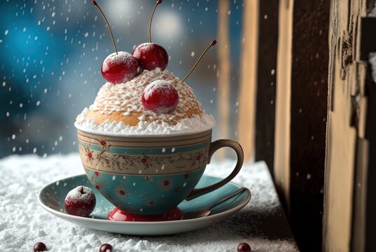 illustration of romantic cherry almond milkshake with winter season background Generative Ai