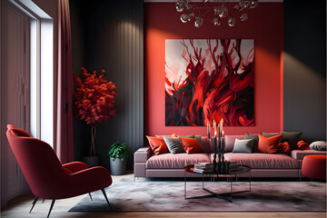 a modern living room in a minimalist millenium crib, high ceiling and filled with vibrant red-orange called Raspberry Blush as the wall blend in with the design of the furniture.