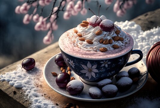beautiful romance a cup of cherry almond latte tea or chocolate serve with cherry blossom flower branch, spring season and national spring festival theme drink, idea for background  Generative Ai