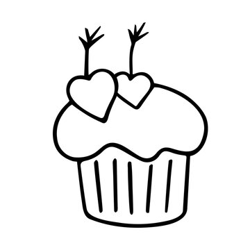 Cupcake with hearts, hand-drawn doodle romantic baking. Love feelings,festive design Valentine's Day, drawing by ink, pen,marker.Isolated.Vector