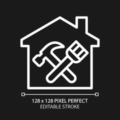 Overhaul pixel perfect white linear icon for dark theme. Building revision and restoration. Hammer and paintbrush. Thin line illustration. Isolated symbol for night mode. Editable stroke