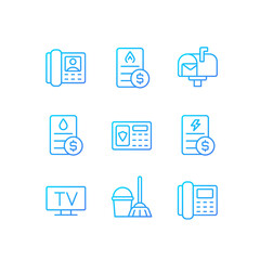 Services and bills pixel perfect gradient linear vector icons set. Water, gas and electricity payment. Thin line contour symbol designs bundle. Isolated outline illustrations collection