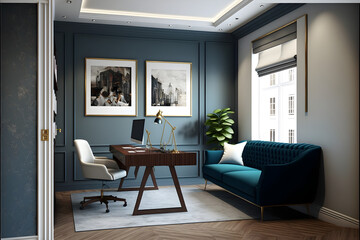 A modern office, in a minimalist millenium crib, high ceiling and filled with warm blue and khaki colour as the wall blend in with the design of the furniture