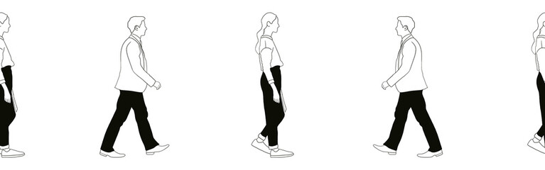 Border with woman and man. Black hand drawn illustration isolated on white background. Design doodle line art element.