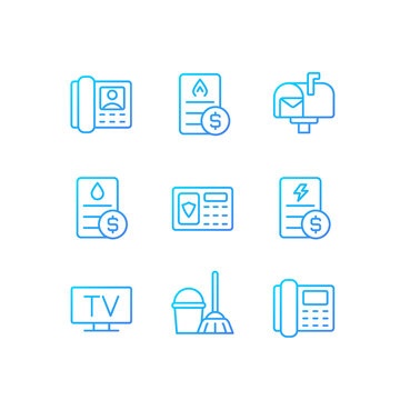 Services and bills pixel perfect gradient linear vector icons set. Water, gas and electricity payment. Thin line contour symbol designs bundle. Isolated outline illustrations collection