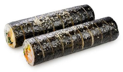 Korean Sushi Rolls or Kimbap isolated on white background, California Maki,  Steamed rice wrapped in seaweed with shrimp eggs meat and vegetable on White With work path.