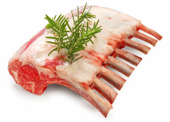 Fresh lamb rack with rosemary isolated on white background, Fresh Raw lamb loin on White Background...