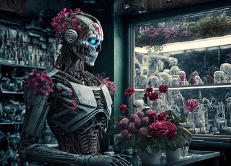 Obraz premium illustration of cyborg robot at flower shop with flowers vine climb on it Generative Ai