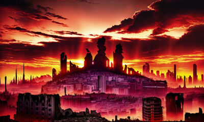 Fototapeta na wymiar post apocalyptical demonic sunrise city view, creation assisted with Generative AI