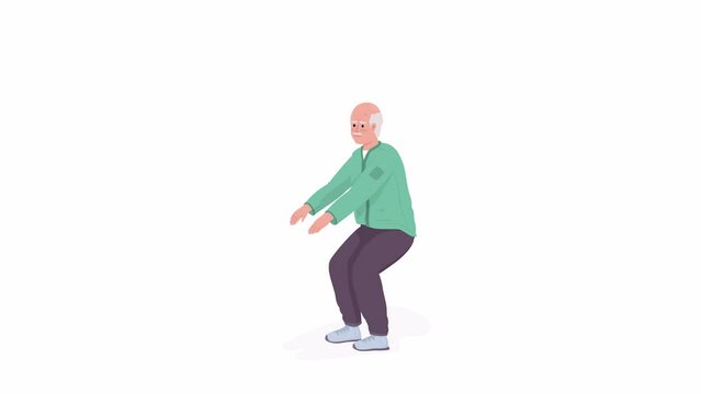 Animated elder improving leg muscles. Physical therapy. Full body flat person on white background with alpha channel transparency. Colorful cartoon style HD video footage of character for animation