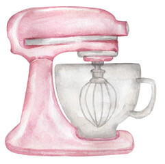 Watercolor pink mixer illustration for creating diy bakery logo. Kitchen tool clipart for a pastry chef for baking, dough, cream. - 562360950