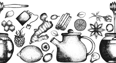 Hand drawn tea elements seamless border, ginger and lemon illustration. Decorative inking herbs, honey and fruits sketch. Vintage clipart.