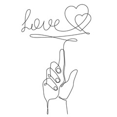 Hand with love word one-line art, continuous drawing contour,hand-drawn romantic design for Valentine's Day.Bridal, nuptials, engagement symbol.Editable stroke.Isolated.Vector illustration