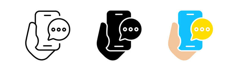 Notification icons set. Smartphone, speech bubble, message, chat, text, app, messenger, internet, interlocutor, mail, news, screen. communication concept. Vector line icon in different styles