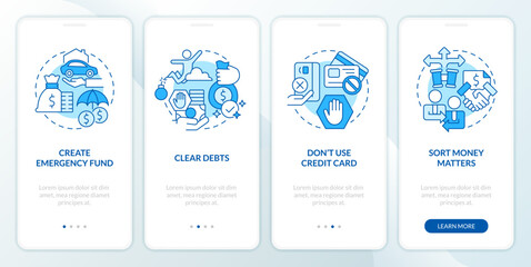 Investing preparation blue onboarding mobile app screen. Trading walkthrough 4 steps editable graphic instructions with linear concepts. UI, UX, GUI template. Myriad Pro-Bold, Regular fonts used