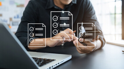 Online business contract Electronic signature, e-signing, digital document management, paperless office, business hand working at office.