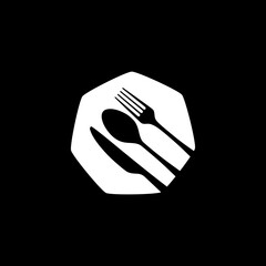Plate, fork and knife line icon concept  isolated on black background.