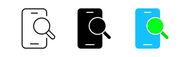 search line icon. Magnifying glass, smartphone, error, mindfulness service, plan, solution, idea, internet, information search. information concept. Vector line icon in different styles