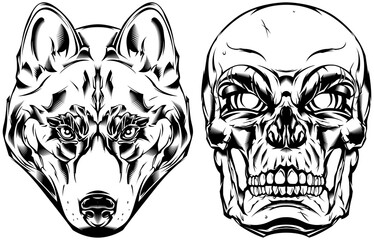 Skull, dog head mascot. Angry faces logo. Black color isolated illustration.

