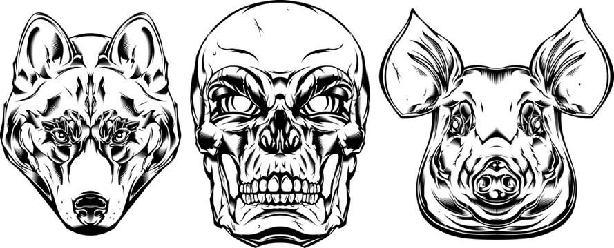 Pig, skull, dog head mascot. Angry faces logo. Black color isolated vector illustration.