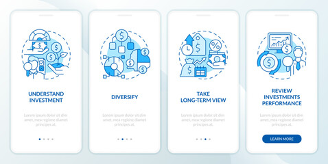 Investing rules blue onboarding mobile app screen. Trading walkthrough 4 steps editable graphic instructions with linear concepts. UI, UX, GUI template. Myriad Pro-Bold, Regular fonts used